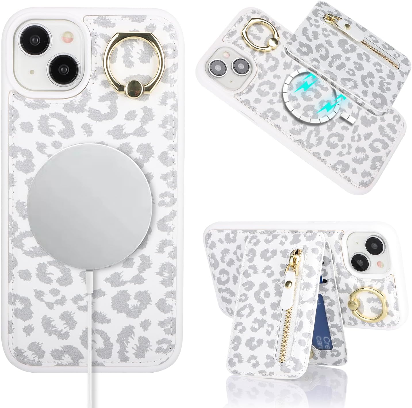 SailorTech Case for iPhone 13 Phone Case with Card Holder, Cover for iPhone 13 Case Ring Stand with Kickstand Card Slots Wallet Detachable 2-in-1 Zipper Case - White Leopard 4 71V5o2yAnrL. AC SL1500
