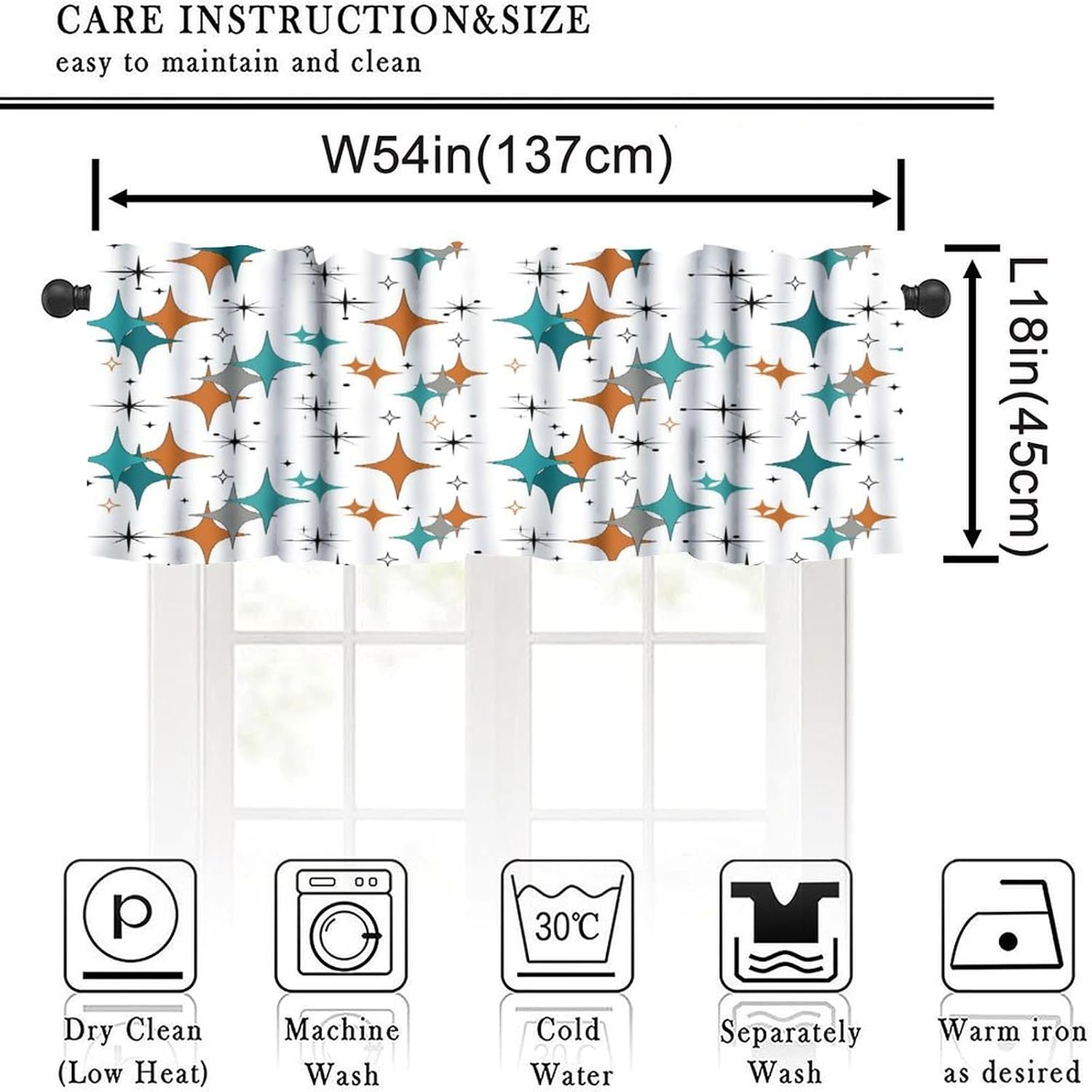 Mid Century Modern Valance Curtain Vintage Teal Orange Geometric Atomic Abstract Pattern 1950s 1960s Retro Style Window Treatment for Kitchen Living Room Bedroom Dining Room 54x18In