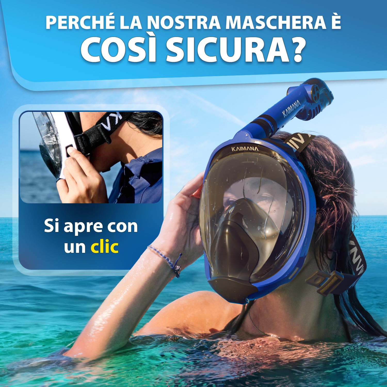 La pluripremiata maschera da snorkeling KAIMANA® per adulti e bambini — assolutamente sicura in presenza di CO₂ — include una custodia da trasporto — maschera da sub per adulti — a pieno facciale