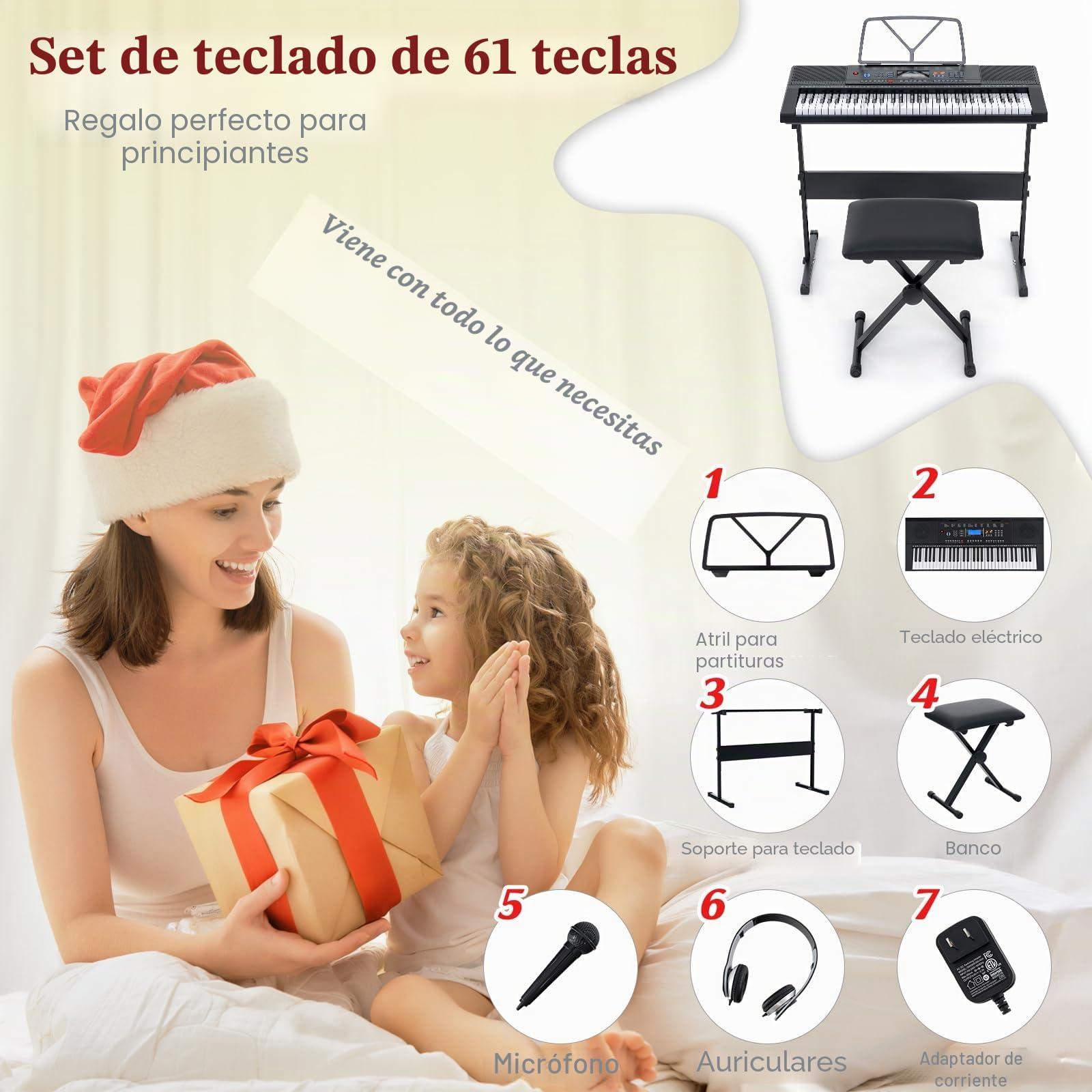 KOMFOTTEU Teclado Electrónico de 61 Teclas, Piano Digital con Soporte y Banco, Piano Electrónico con Micrófono, 300 Timbres y Ritmos, 50 Canciones de Demostración, Auriculares y Atril