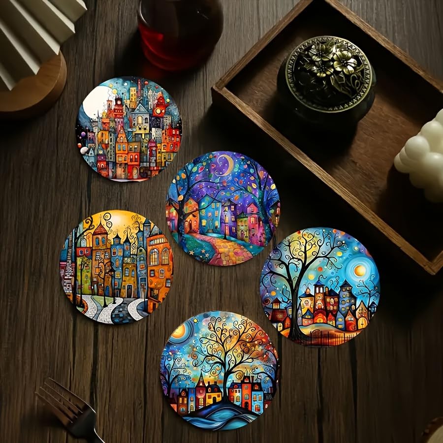 Image of 6pcs Set Art Wooden Coasters- Display Abstract Rural Scenery, Heat Resistant, Non-Slip, Perfectly Protect Surfaces, Suitable for Coffee and Beverage Cups, Ideal for Home, Restaurant