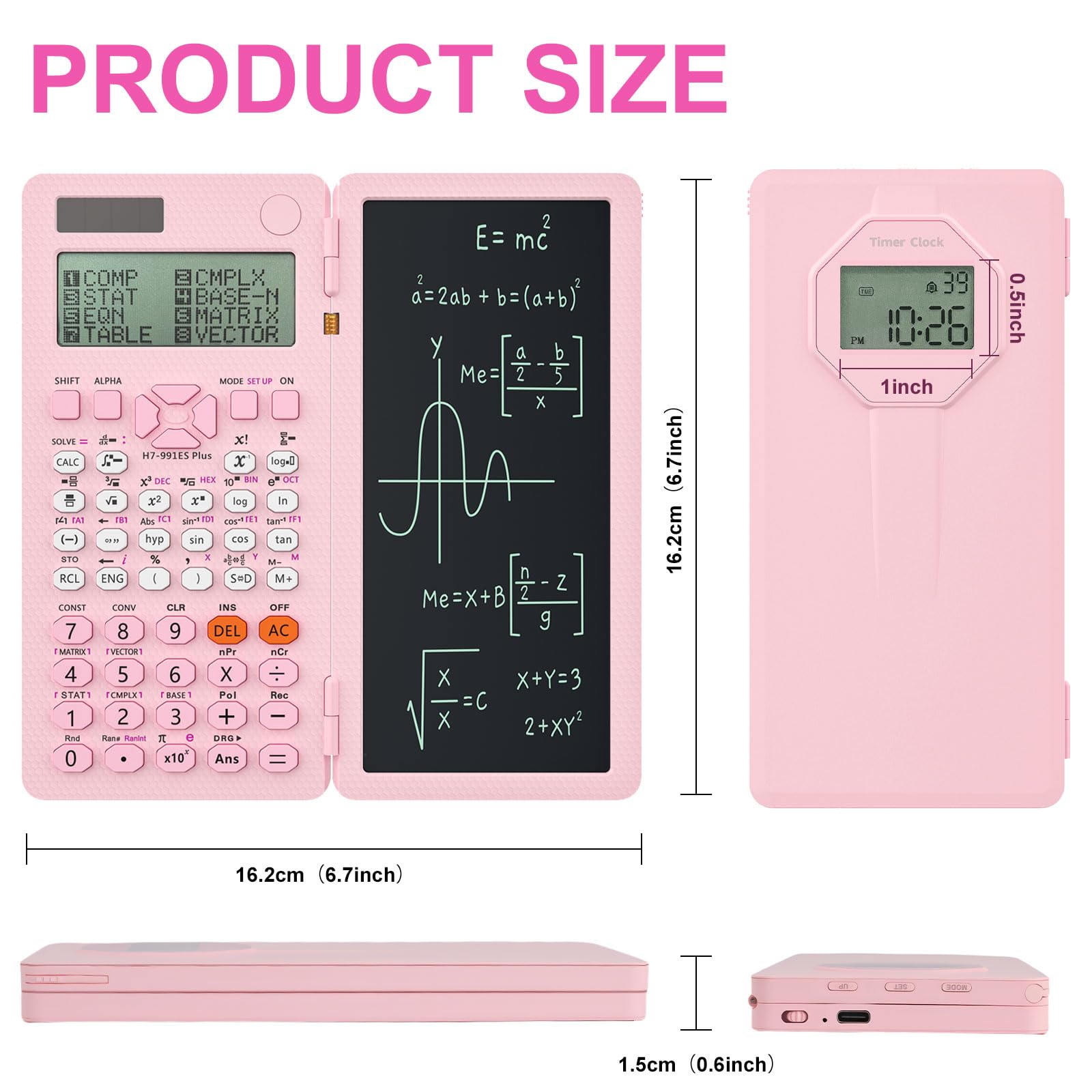 Calculatrice scientifique solaire 417 fonctions avec horloge, calculatrice mathématique, fournitures scolaires pour étudiants du collège et du lycée (rose)