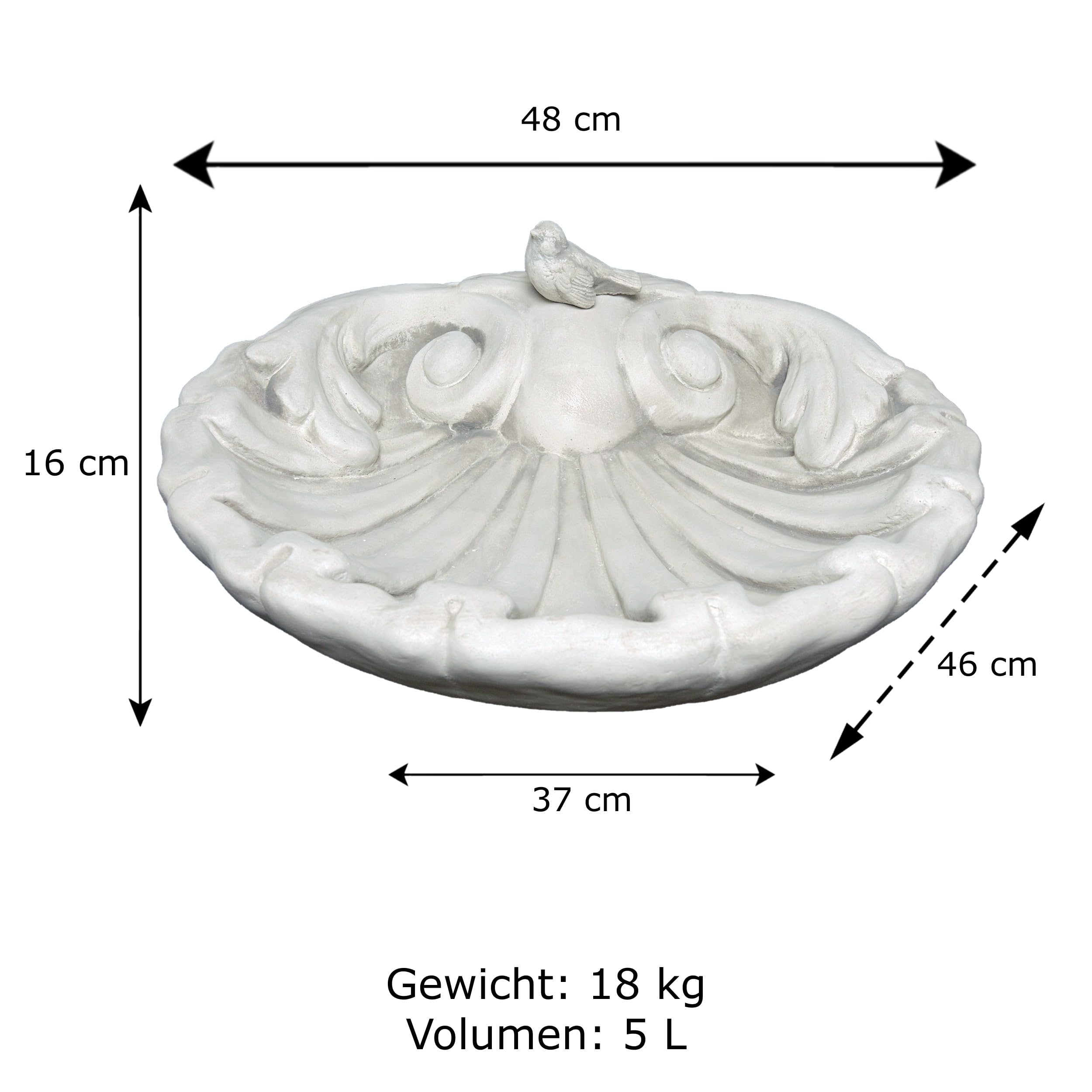 gartendekoparadies.de Aufwendig Verzierte Vogel-Tränke aus Steinguss, H. 16 cm, 48 x 48 cm, 18 kg, Grau, Frostsicher für Außenbereich
