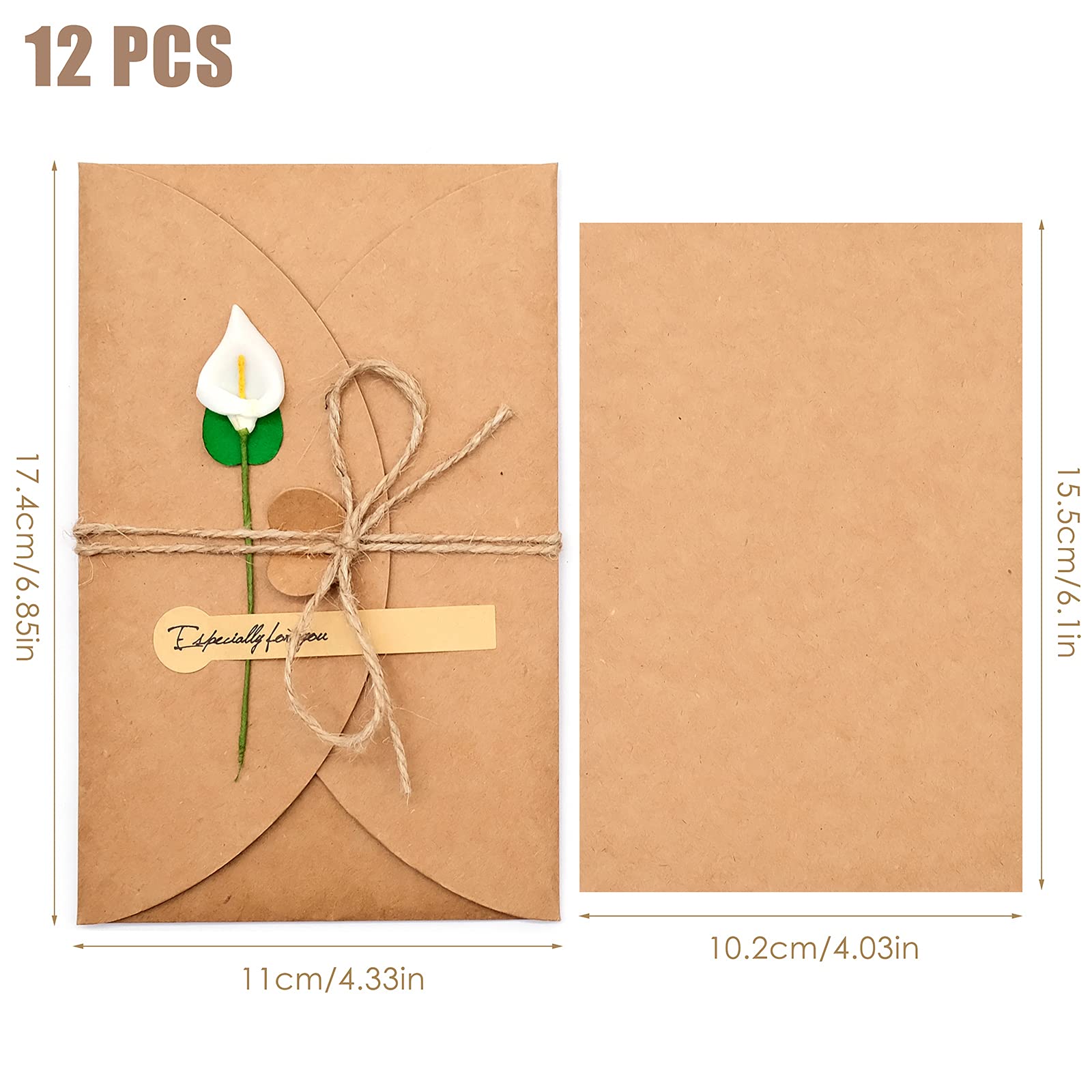 Cisolen 12 pezzi Biglietto Di Auguri Cartolina Buste Carta Kraft Retrò Vuote Kraft Fiori Secchi Decorato Cartolina Biglietti Di Invito Buste Con Fiori Secchi Cartolina Decorata (17,5 cm x 11 cm