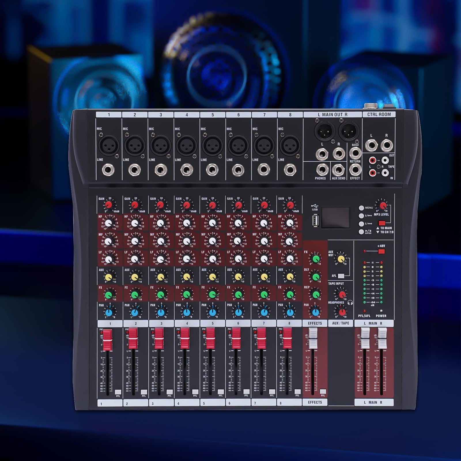 Mixer audio professionale a 8 canali con Bluetooth e USB – mixer DJ con alimentazione phantom da 48 V per registrazioni dal vivo, produzione in studio e attrezzatura DJ