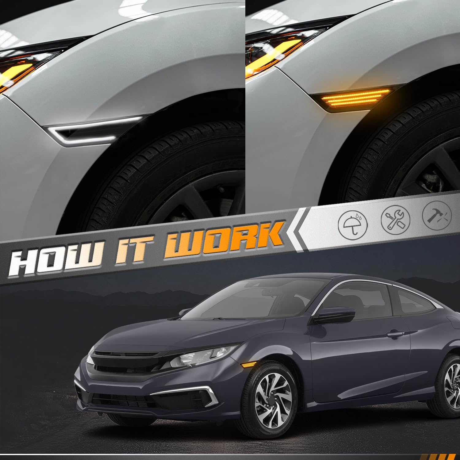 HERCOO Side Marker Turn Signal Lights LED Daytime Running Light, Switchback White & Amber Fender Sidemarker Smoke Lens Lamp Assembly Compatible with Honda Civic 10 Gen 2016-2021, Pack of 2