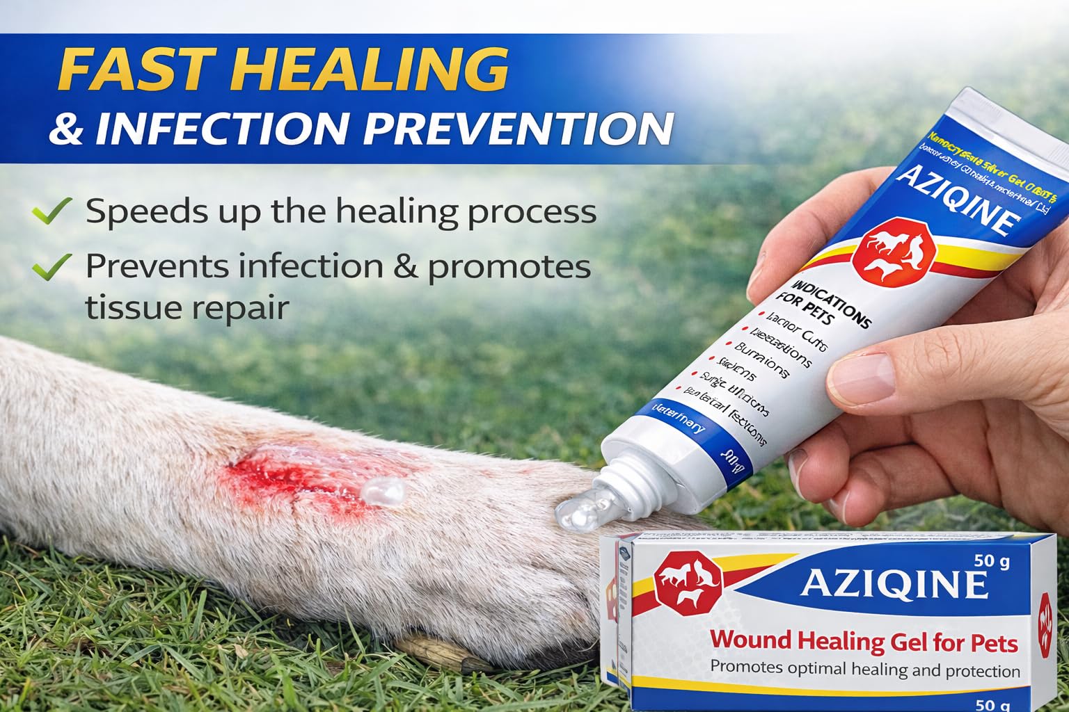 Aziqine Animal Wound Healing Silver Gel 50g | Safe & Non-Toxic Wound Care for Dogs, Cats & All Pets | Hydrogel Dressing with Micro-Organism Control for Cuts, Lacerations, Acute & Chronic Wounds