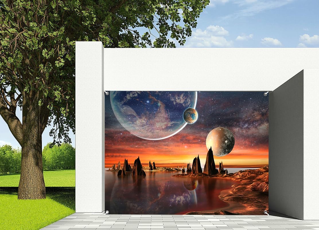 7x8ft Galaxy Aquarium Garage Door Decor Cosmic Starry Sky View of The Planets from Earth Garage Door Background for Fish Tank Decor Newborns Children Party Decor Banner