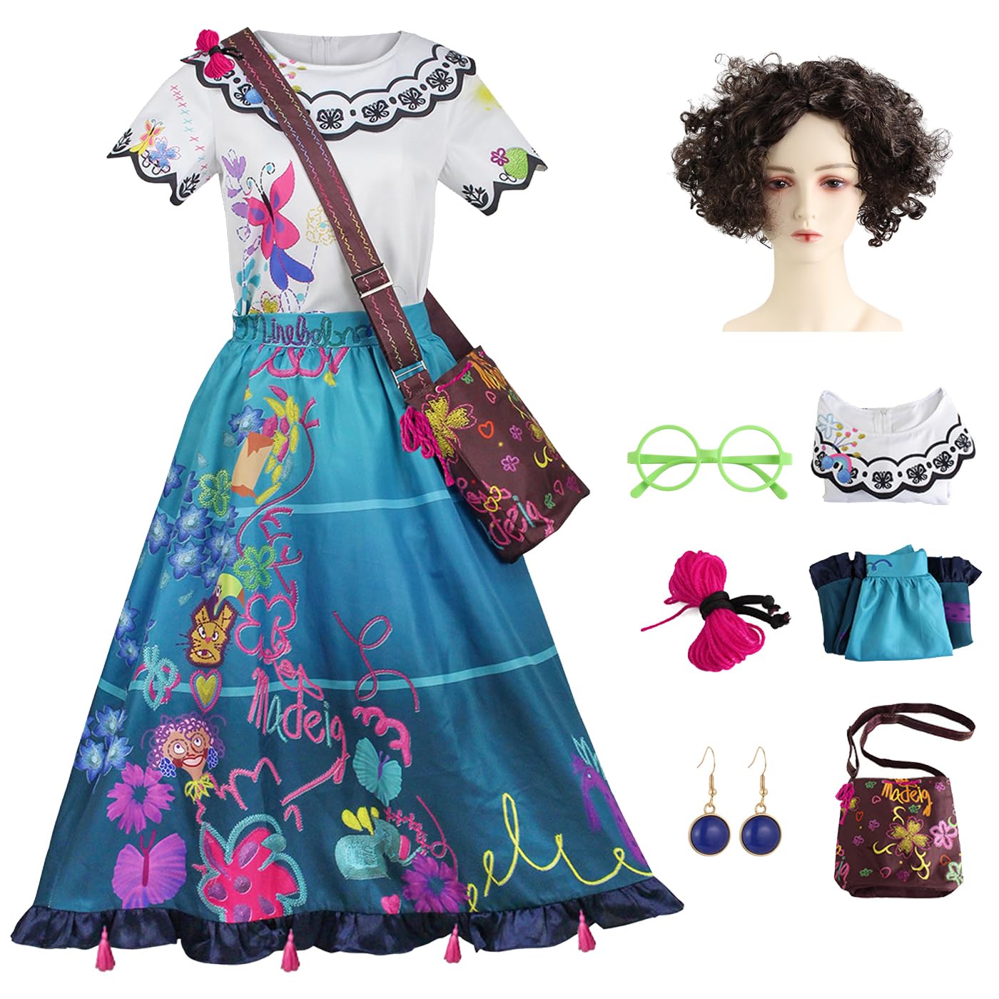 Donna Mirabel Cosplay Costume con Parrucca e Borsa Vestito da Principessa Fantasia Magica Mirabel Madrigal Costume Compleanno Partito Natale Halloween Anime Carnevale Vestito