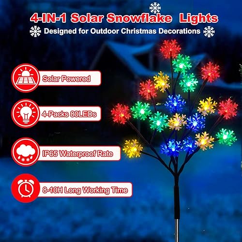 Miniatura 2 de Paquete de 4 80 luces LED solares de copo de nieve de Navidad, 8 modos de luces solares de copo de nieve para decoraciones de Navidad al aire libre,