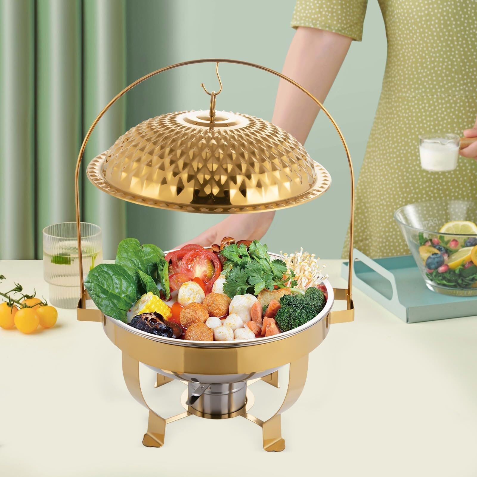 Scaldavivande for Buffet Set da 4 in Acciaio Inossidabile Cucina a buffet | Stufa da pranzo rotonda con coperchio sospeso in oro Chafer a buffet(8.5QT)