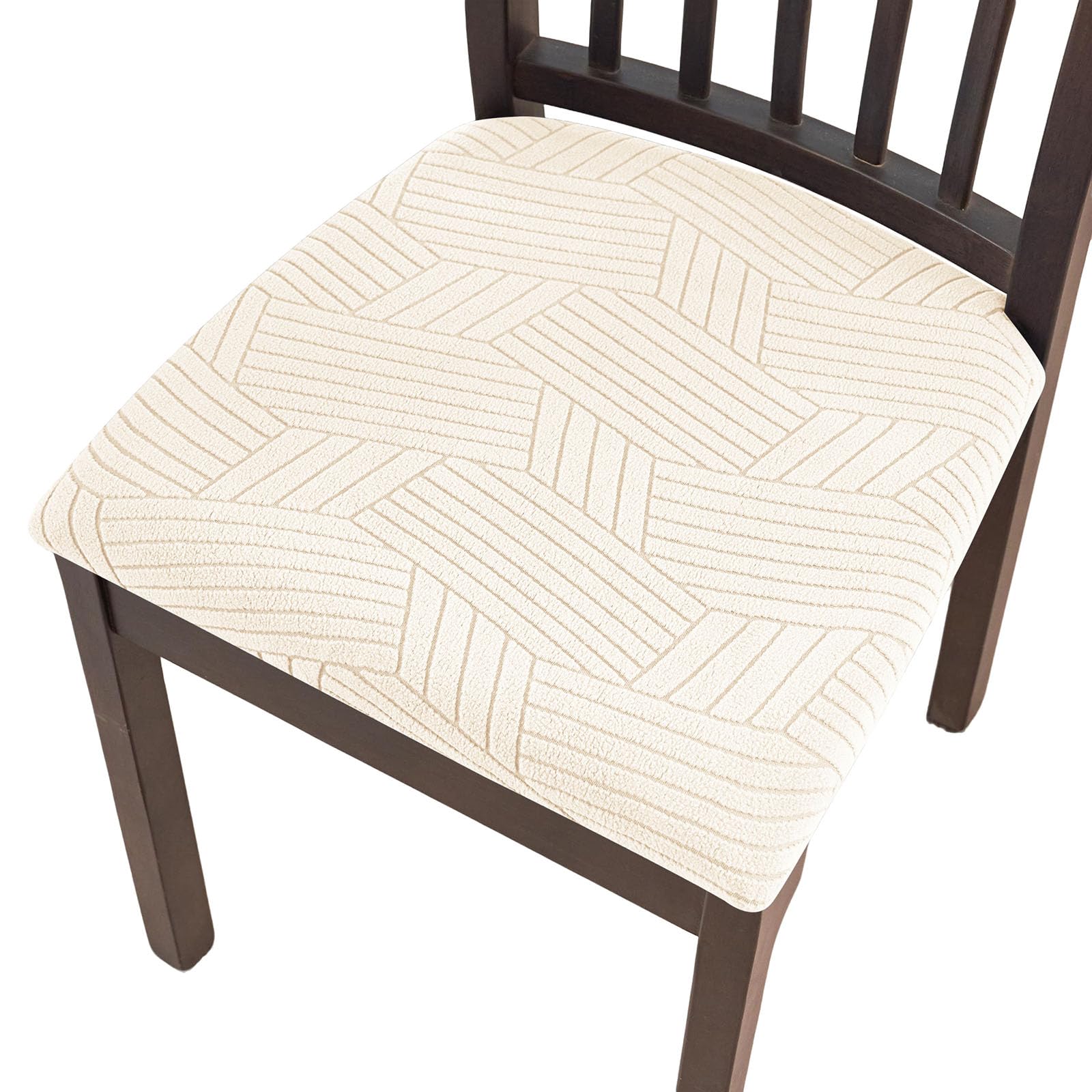 YOPOIY Dining Chair Seat Covers Set of 6 4 2, Spandex Knitted Jacquard Seat Covers for Dining Chairs with Ties, Stretch Chair Seat Cushion Slipcovers (Beige,6 PCS)