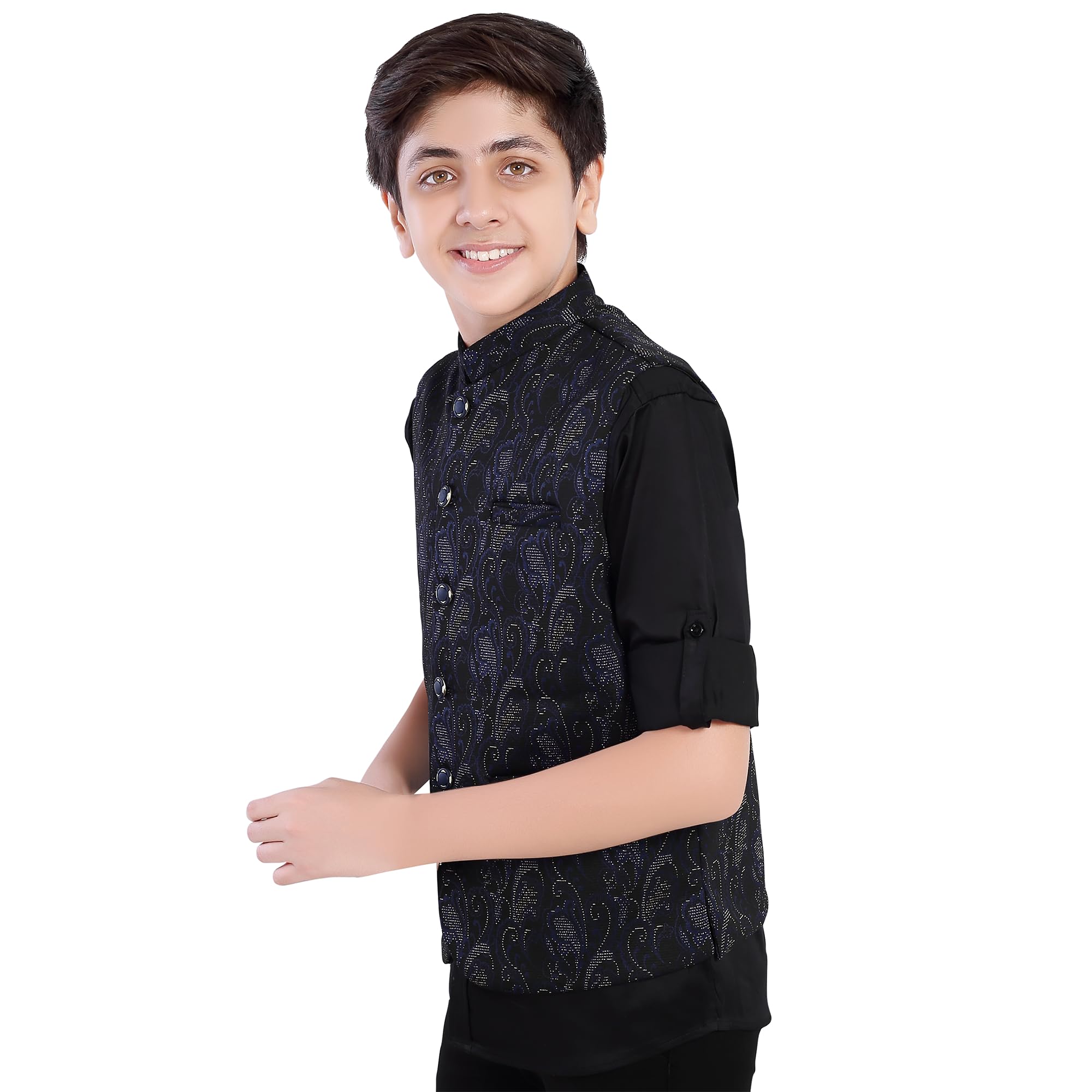 CHARCHIT Boys RoyalBlue Printed Nehru Jacket and Shirt