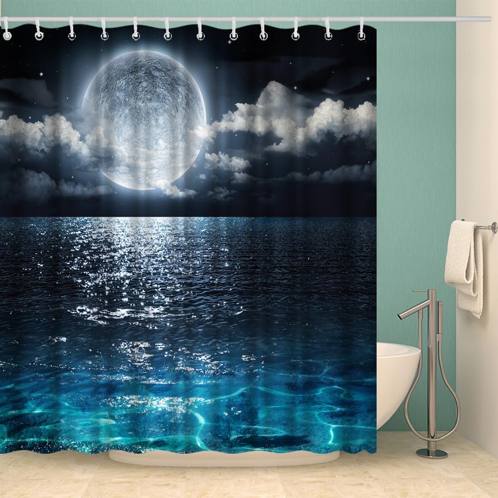 Shower Curtain Full Moon Over Ocean Landscape Waterproof Fabric Shower Curtain for Bathroom Decor Set with Hooks 72 x 72 Inches