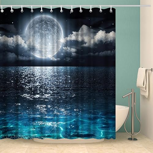 Miniatura 4 de Cortina de ducha de tela impermeable para luna completa sobre paisaje del océano, juego de cortina de ducha con ganchos de 72 x 72 pulgadas
