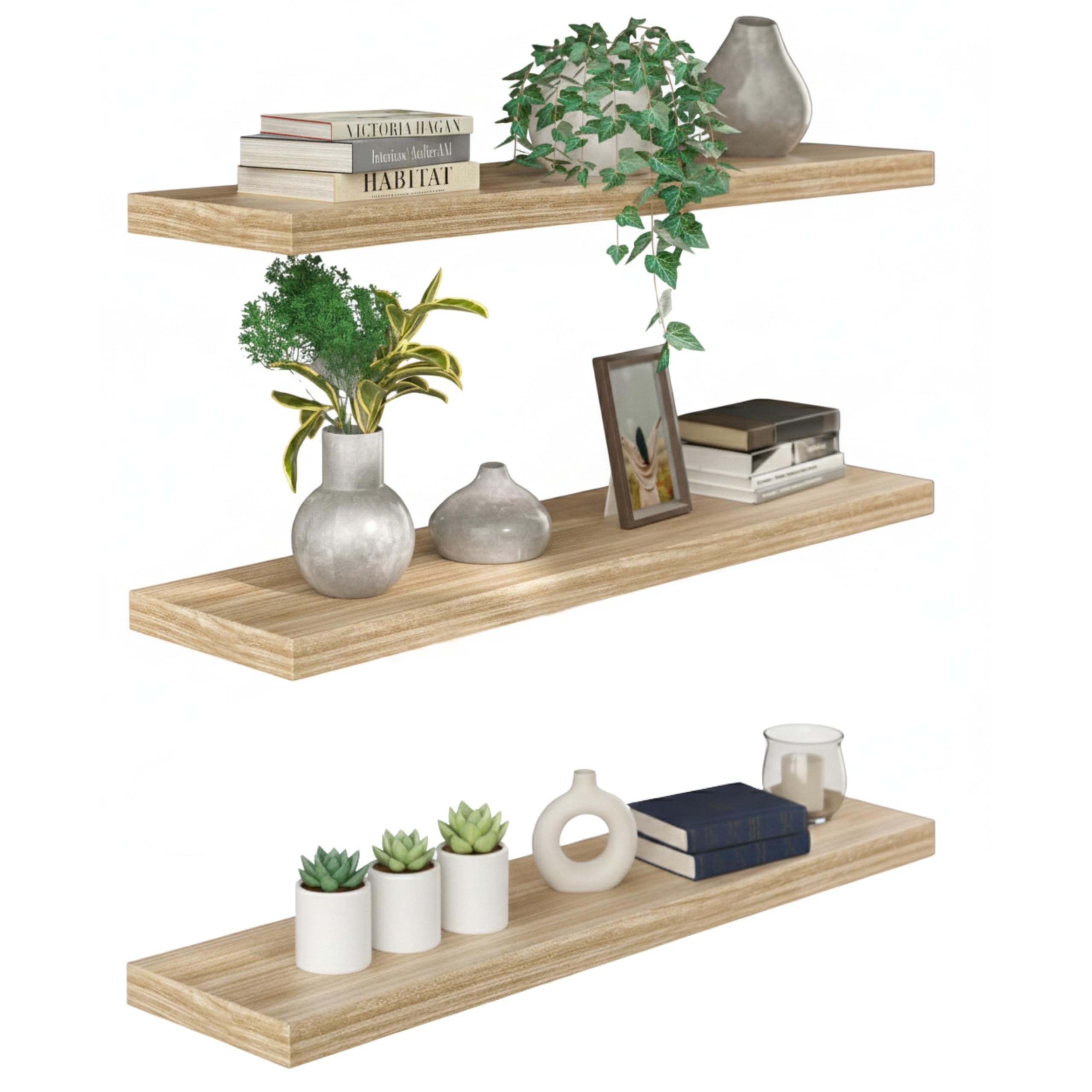 CASARIA® Floating Shelves 50cmx23cm Home and Kitchen Room Decor, Wall Shelving for Living Room, Office, Bathroom 38mm MDF with Hidden Wall Fixing, 15kg Floating Shelf Capacity | Set of 3 | Oak — image 1