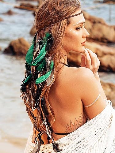 Miniatura 6 de CAKURE Diademas de plumas bohemias, tocado indio, tocado gitano, bandas para el pelo de pavo real, diademas bohemias hippie, diademas ajustables,