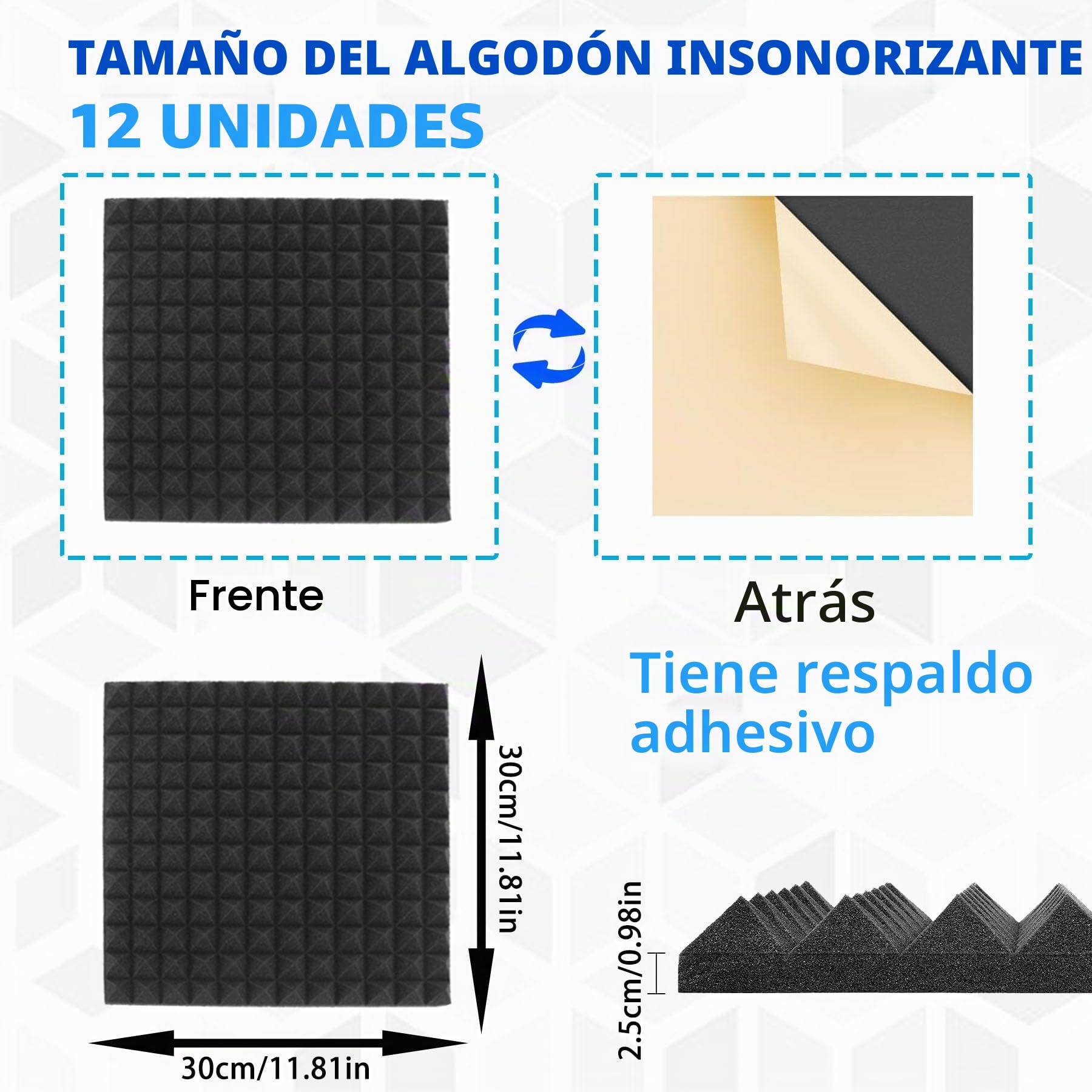 12 unidades de espuma acústica autoadhesiva,absorción de sonido,espuma corrugada, esterilla de aislamiento acústico, paneles acústicos, alfombrillas de espuma acústica, alfombrilla de espuma
