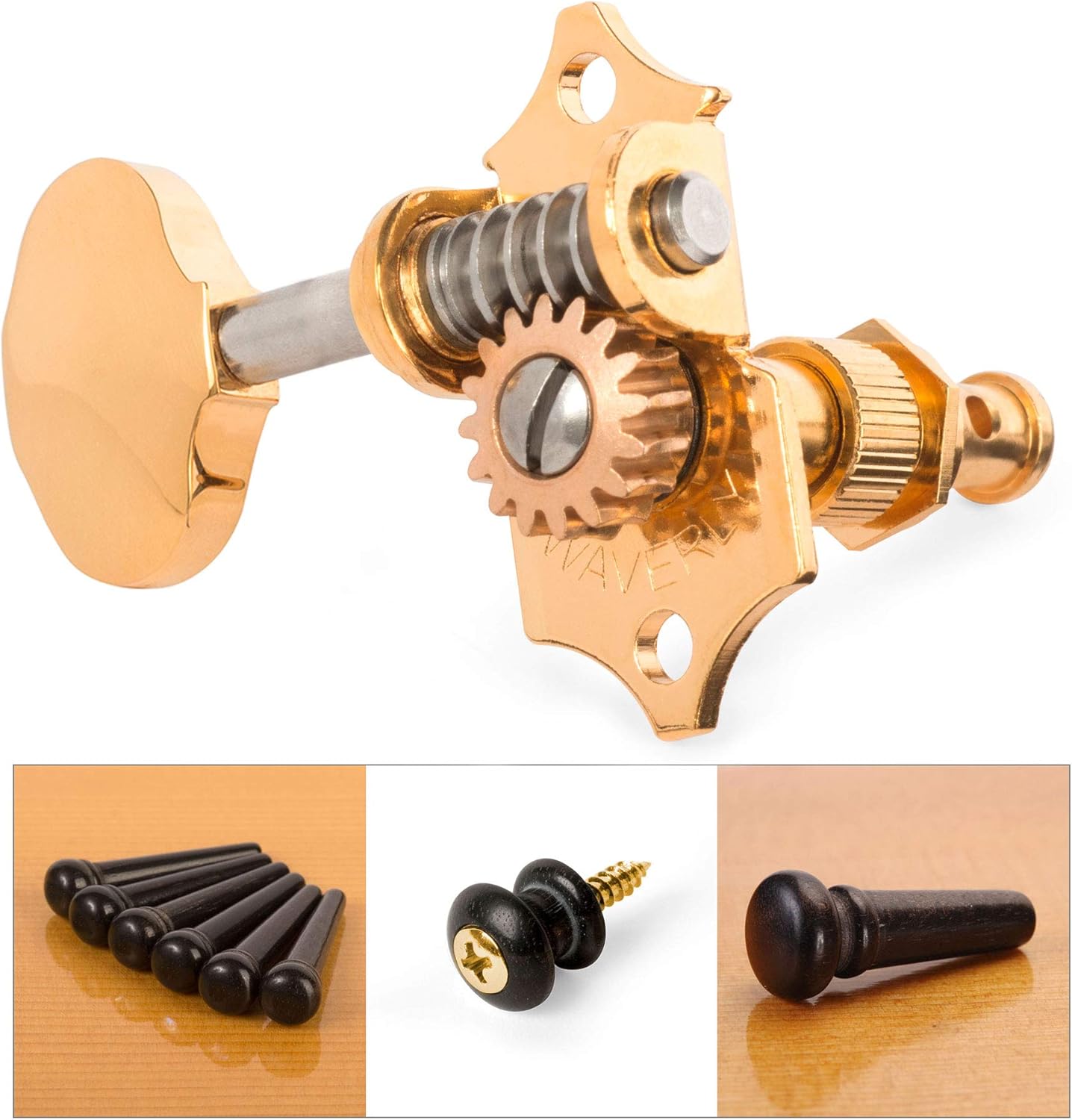 Waverly Guitar Tuner Anniversary Collection in Ebony - Gold Set (Gold Tuning Machines with Butterbean Knobs, and Matching Ebony Bridge Pins, Endpin and Strap Button)