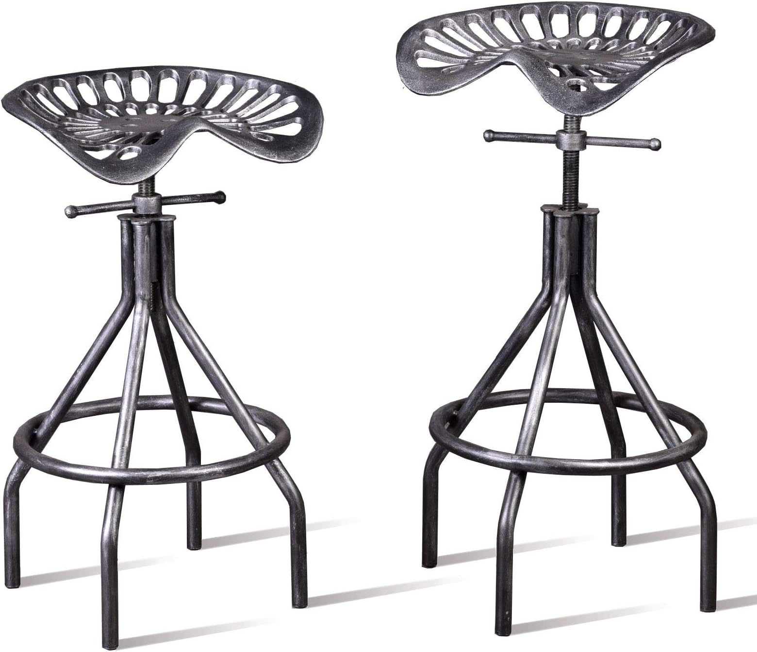 Lisuden Industrial Tractor Seat Barstools Farmhouse Cast Iron Adjustable Counter Height Stools Swivel Kitchen Saddle Bar Stools Set of 2 Metal Outdoor Black Brush Silver Dining Chair 24"-30"