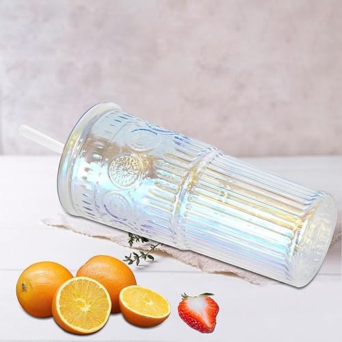 Miniatura 8 de Bandesun Taza de café helado de vidrio con tapas y popotes, vaso de vidrio de borosilicato de 24 onzas arcoíris para bebidas de jugo de batido de