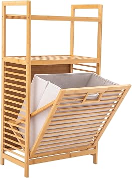 Natural Bamboo 3-Tier Laundry Basket Organizer - 37.4" Tall Shelf with Removable Oxford Bins, Space Saving Clothes Hamper for Bedroom/Bathroom, Eco-Friendly Beige