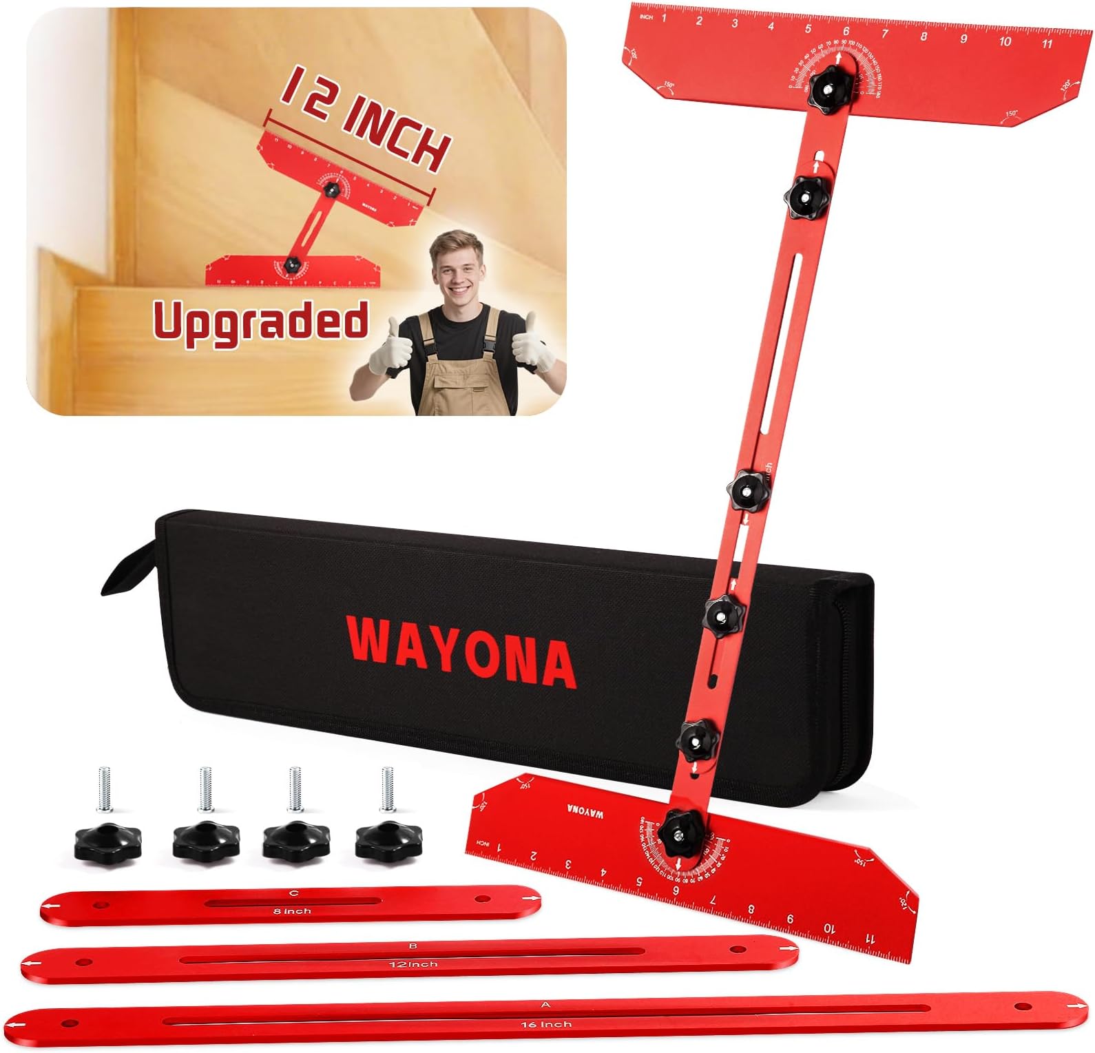 Wayona Stair Tread Template Tool Jig, Adjustable 8-72 inch Stair Tread Gauge Measuring Layout Tool for Accurately Measuring Angle, Length & Depth, Aluminum Alloy, 12″ Ends, Red