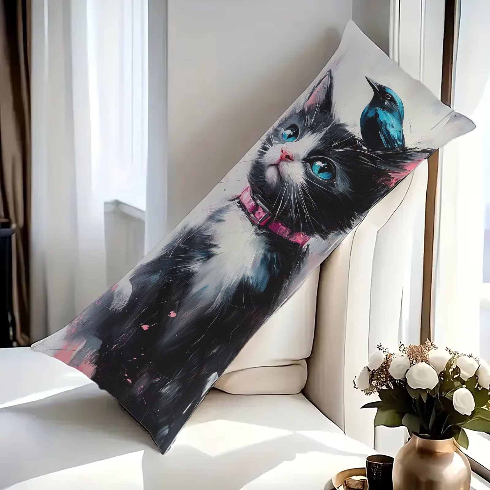 U00-814 Czarne poszewki na poduszki o wymiarach 60 x 180 cm, zwierzę, miękkie, aksamitne, prostokątne, dekoracyjne poszewki na poduszki, dwustronny nadruk, ukryty zamek błyskawiczny, na sofę, łóżko