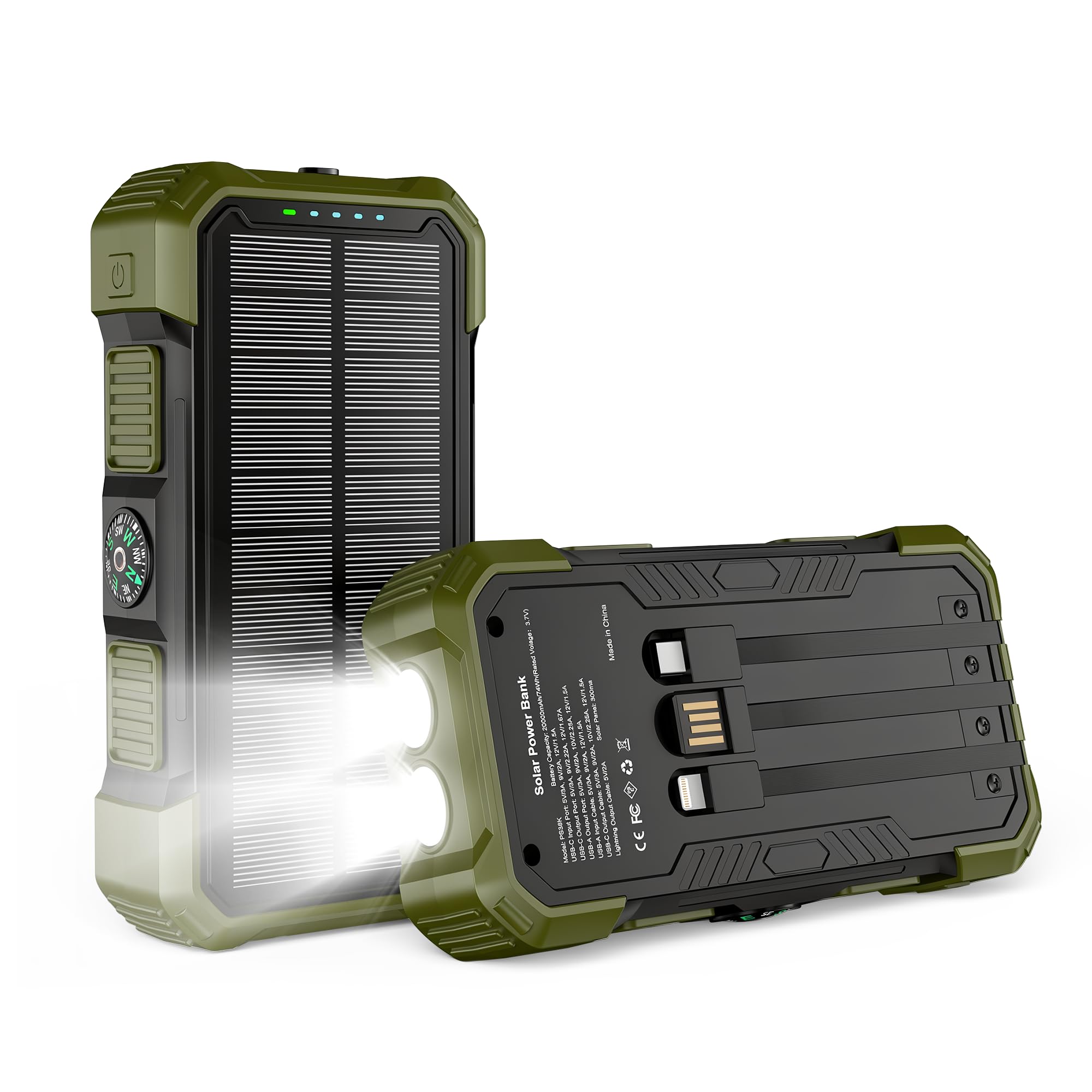 Chargeur solaire 20 000 mAh, chargeur portable sans fil avec câbles intégrés, chargeur de batterie à charge rapide USB-C, chargeur de téléphone extérieur avec double lampe de poche LED pour camping