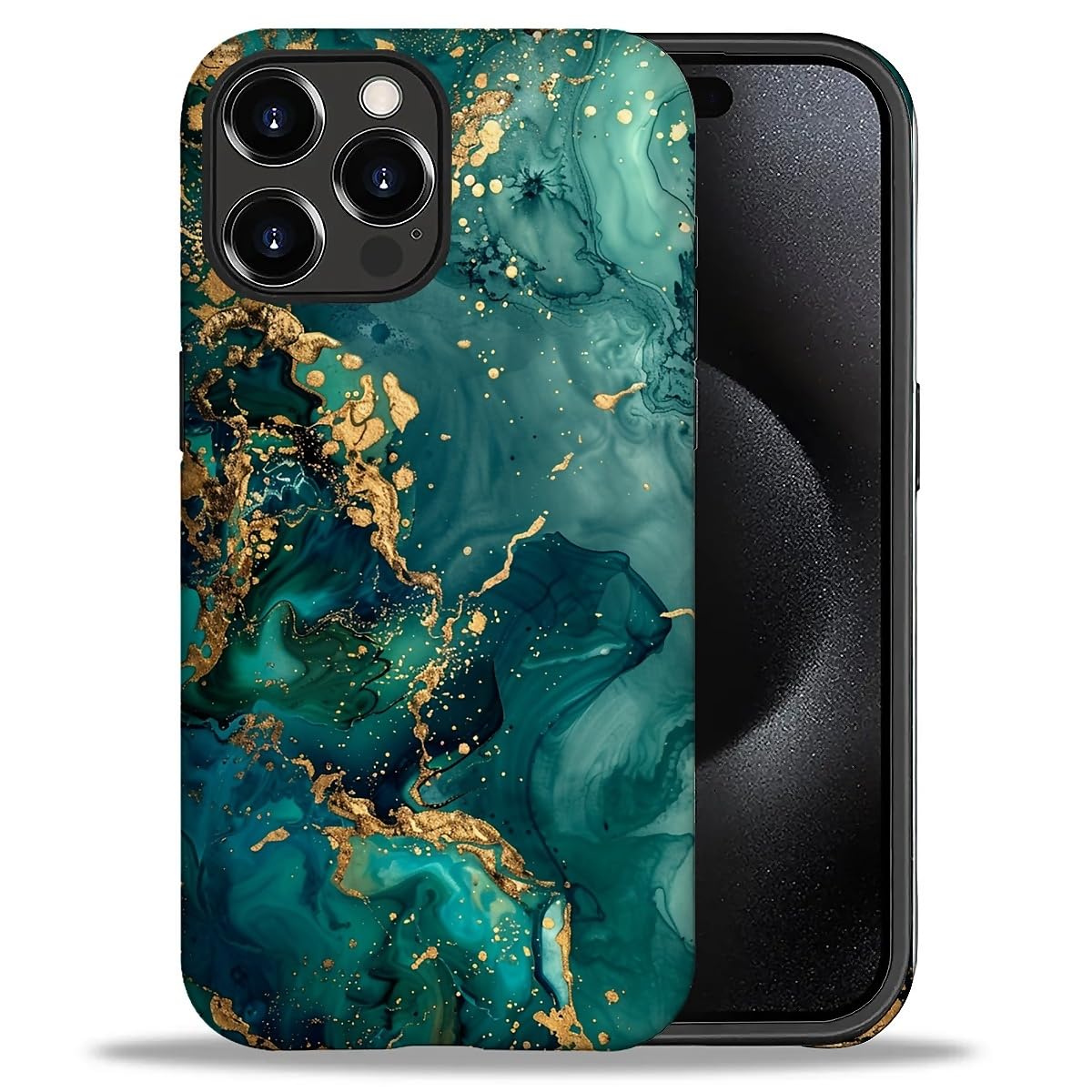 WANKBLC Compatible with iPhone 16 Pro Matte Case, Teal and Gold Marble Pattern for Girl Full Body Design Soft Silicone Drop Shock Scratch Protection