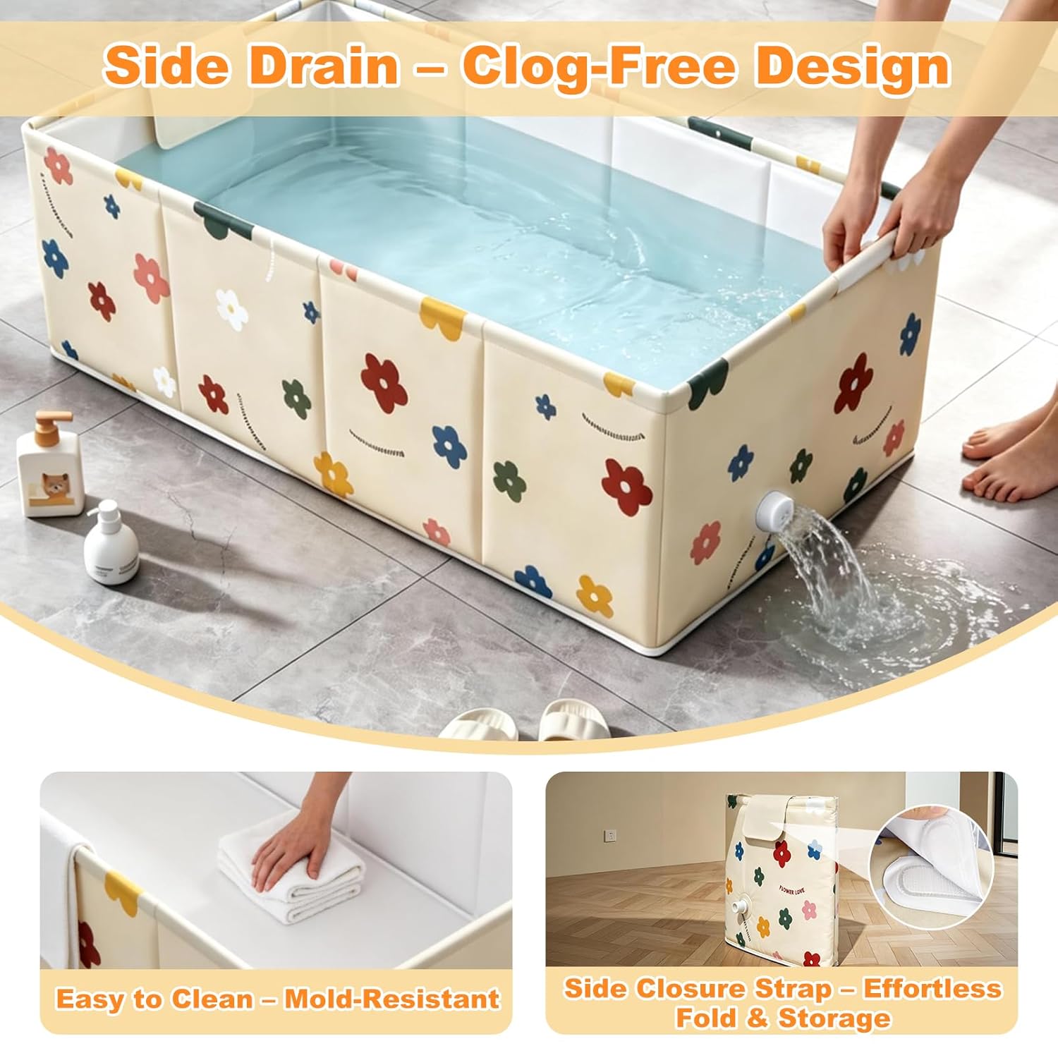 Baby Bathtub, 5-Layer Anti-Tear Foldable Toddler Bath Tub with Padded Bottom Drain Plug, Portable Collapsible Baby Bath for Travel, Shower, Sink, Indoor & Outdoor, 6 Months to 5 Years