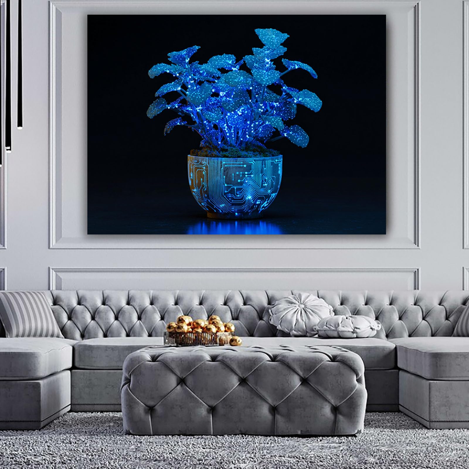 WUFIEA pósteres abstractos de hoja botánica impresa Plantas fluorescentes en macetas Arte Decorativo de la Oficina Sala de Estar（Azul-70x100cm Enmarcado