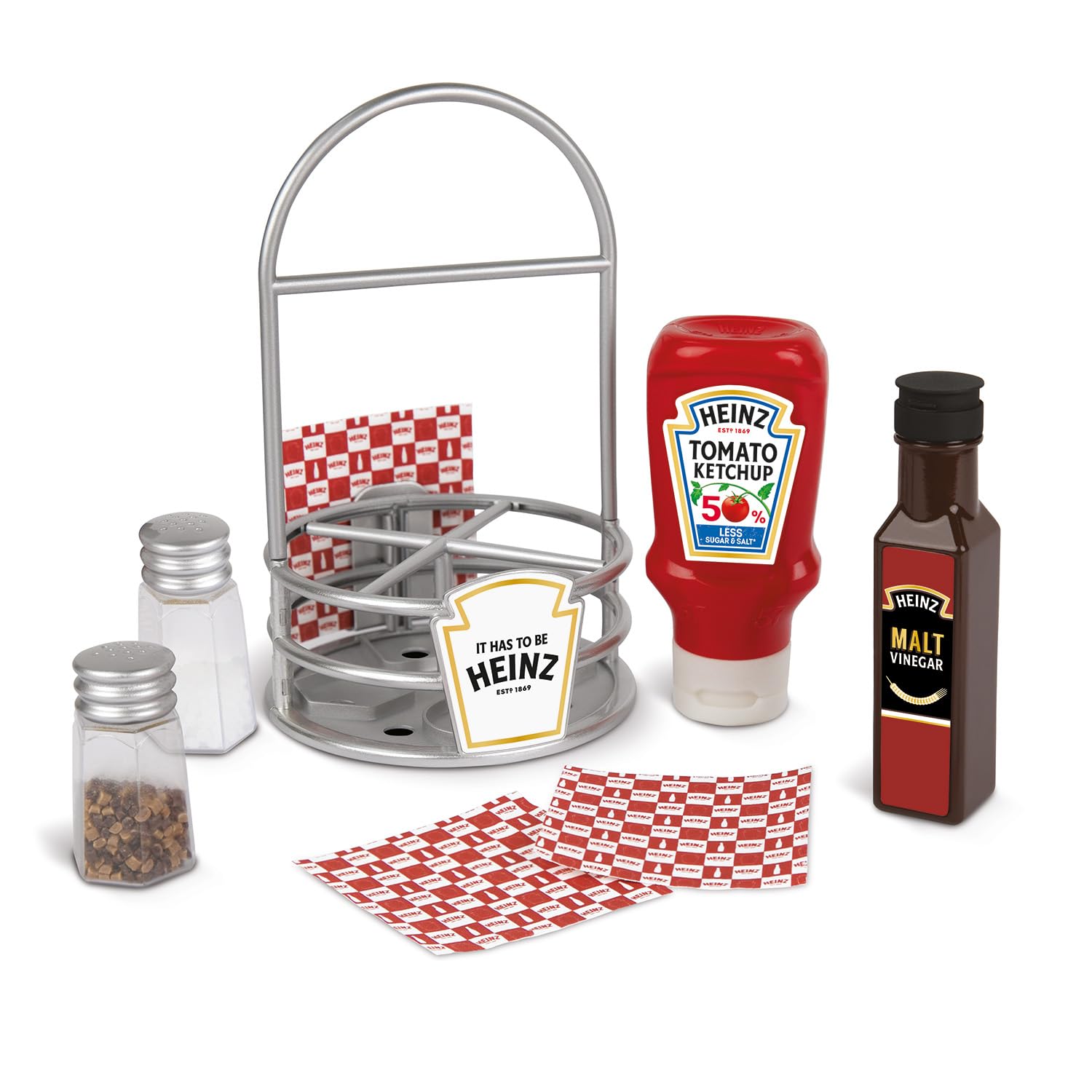 Casdon Heinz Sauce Caddy | 9-Piece Play Kitchen Set For Children Aged 3+ | Includes Pretend Tomato Ketchup, Vinegar, Salt And Pepper Shakers, Napkins, And Caddy.