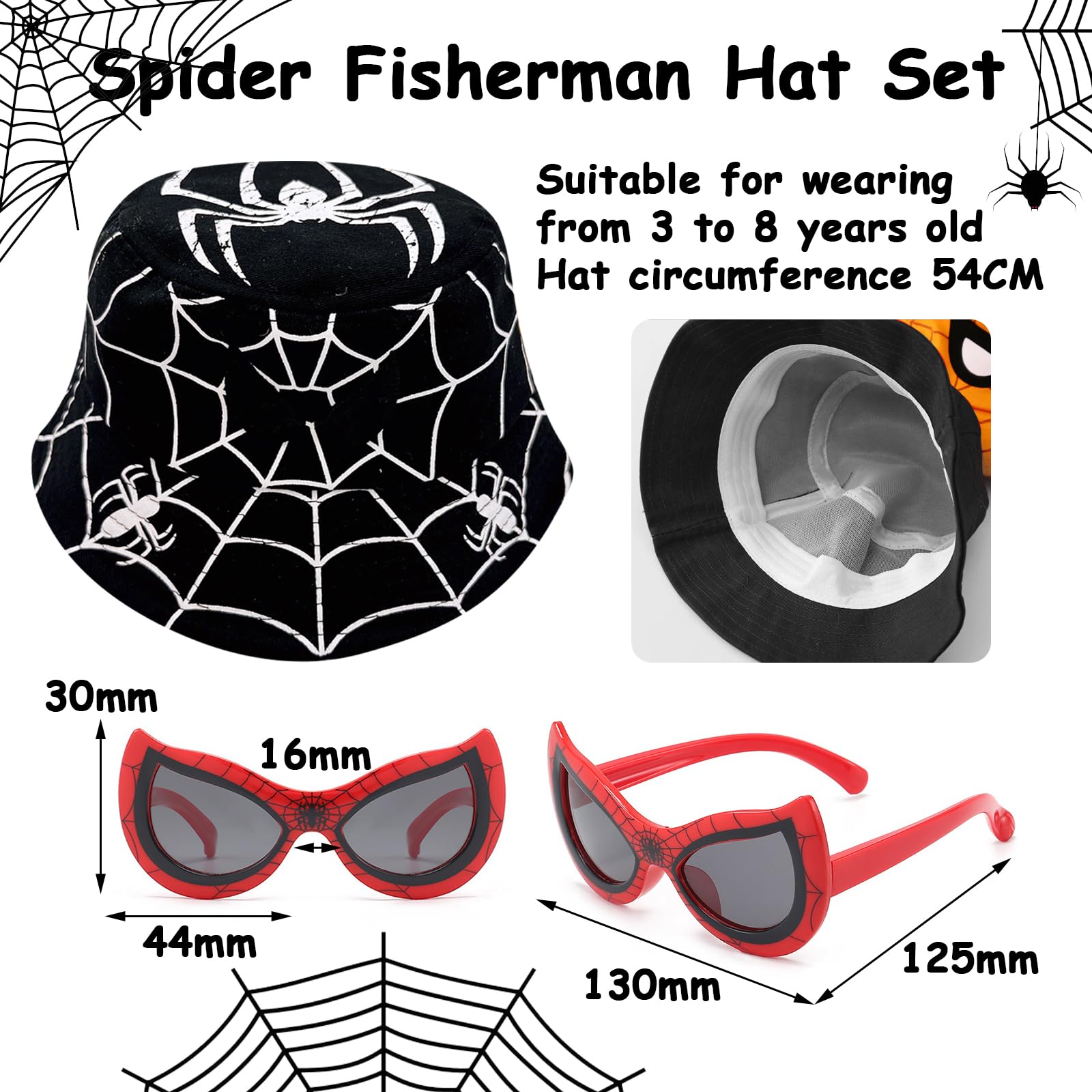 Set Composto da Cappellino da Pescatore e Occhiali da Sole per Bambini, Motivo a Ragno, Cappellino da Pescatore Estivo e Occhiali da Sole Pieghevoli con Protezione Uv, Adatto a Bambini dai 3 ag