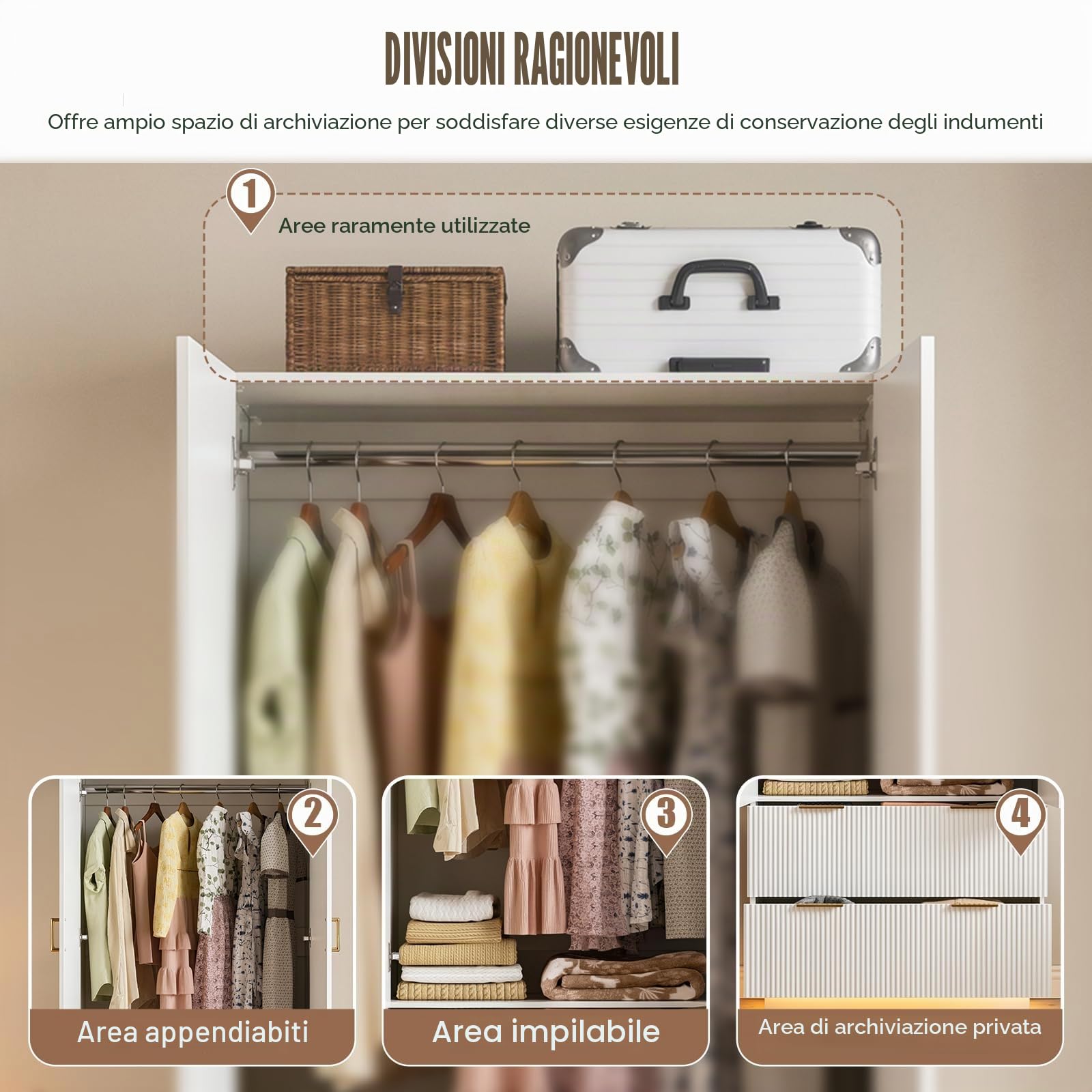 MSFE Armadio Camera da Letto, Armadio Guardaroba 2 Ante con Specchio,LED e 2 Cassetti, Armadio Contenitore, Salvaspazio, per Cameretta, Camera dei bambini, da ingresso|80x178x50cm (L/H/P)