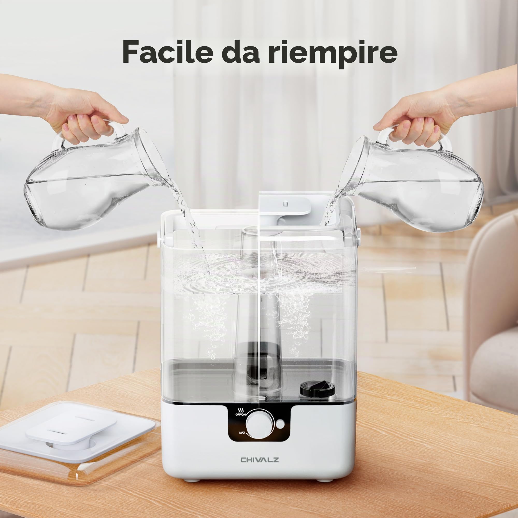 CHIVALZ Umidificatore Ambiente Bambini, 6L Umidificatore a Nebbia Fredda, 26dB Silenzioso per Camera da Letto e Bambini, Top-Fill Diffusore, Ugello a 360°, 50H Runtime, Luce Notturna, Bianco