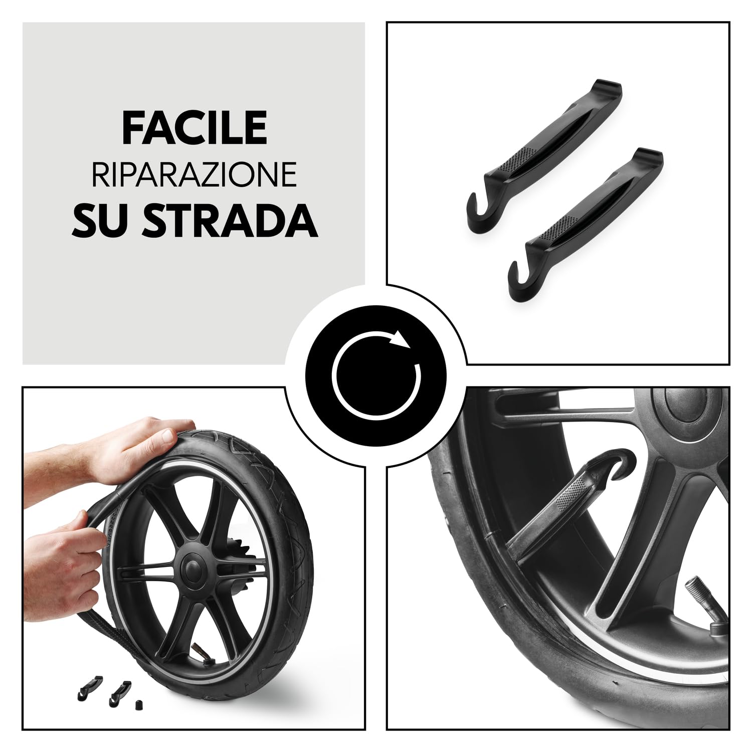 hauck Kit Riparazione Gomme per Passeggini 3 Ruote - 2 Camere D'Aria da 12" e 1 da 10" e Leve Cacciagomme - Kit Riparazione Ruote Per Passeggino come il Rapid 3 Air di hauck - Nero