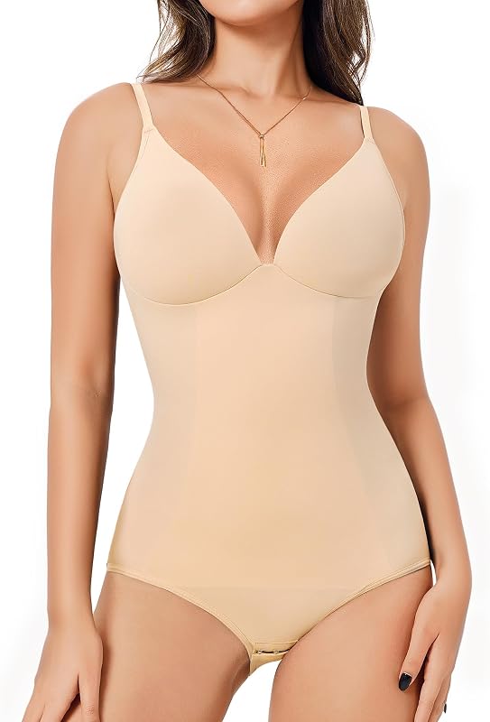 Irisnaya Women's Plunge Deep V Neck Bodysuits with Built in Bra Body Suits | Double-lined shapewear body suits tops has no-wire bra support. Adjustable straps offer a custom fit for work or events.