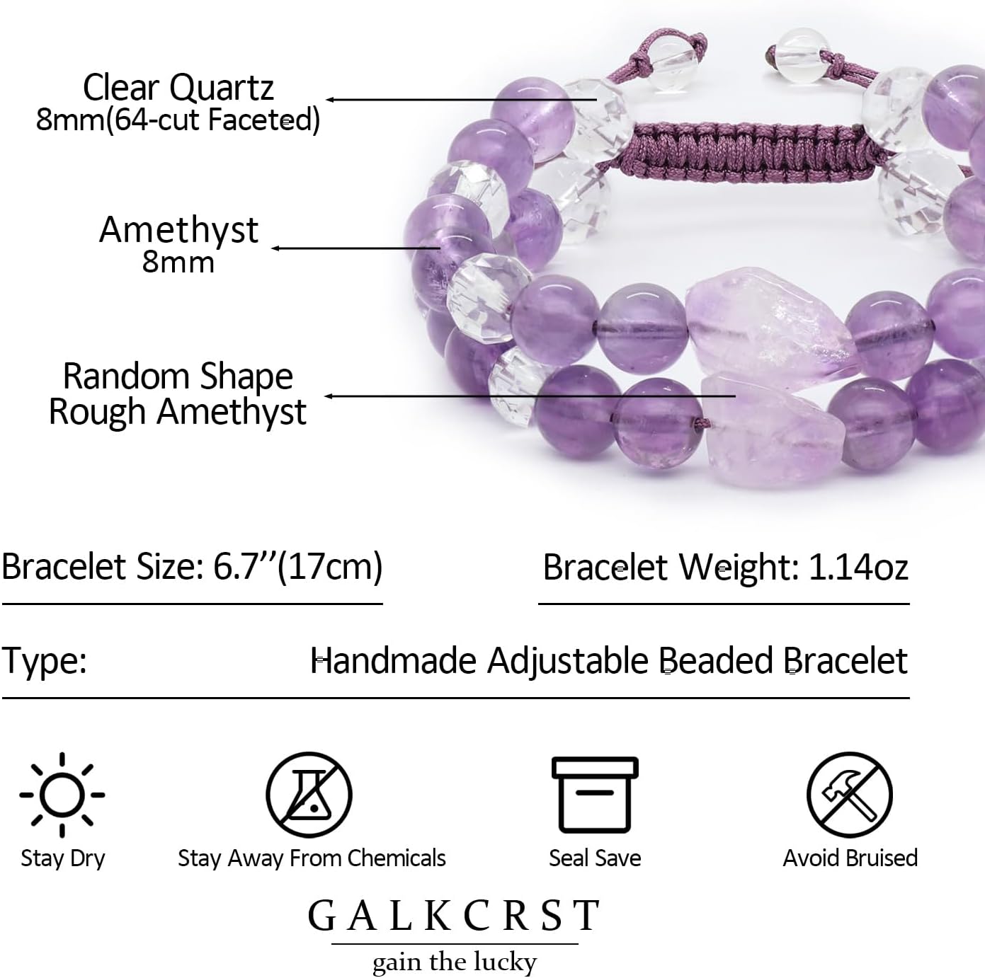 Amethyst Bracelet for Women Healing Crystal Stone Beads Bracelet Amethyst Crystal Clear Quartz Beads Bracelet Boho Bracelet Handmade Amethyst Jewelry Gift for Her for Calming and Purify - Image 5