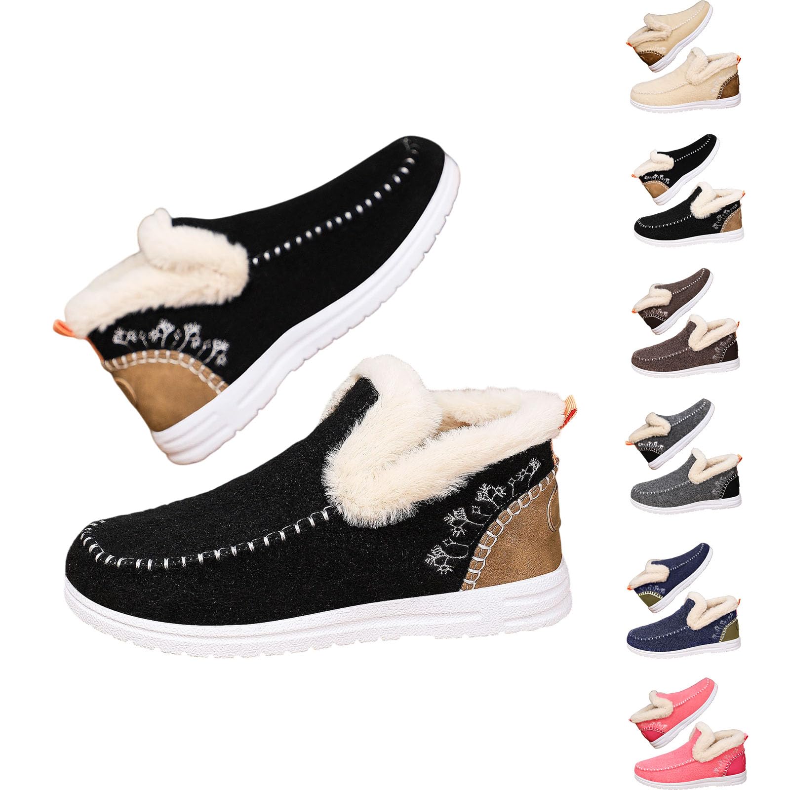 Womens Winter Plush Lined Snow Boots Warm Faux Fur Fleece Lined Slip-On Booties Flat Short Winter Walking Shoes