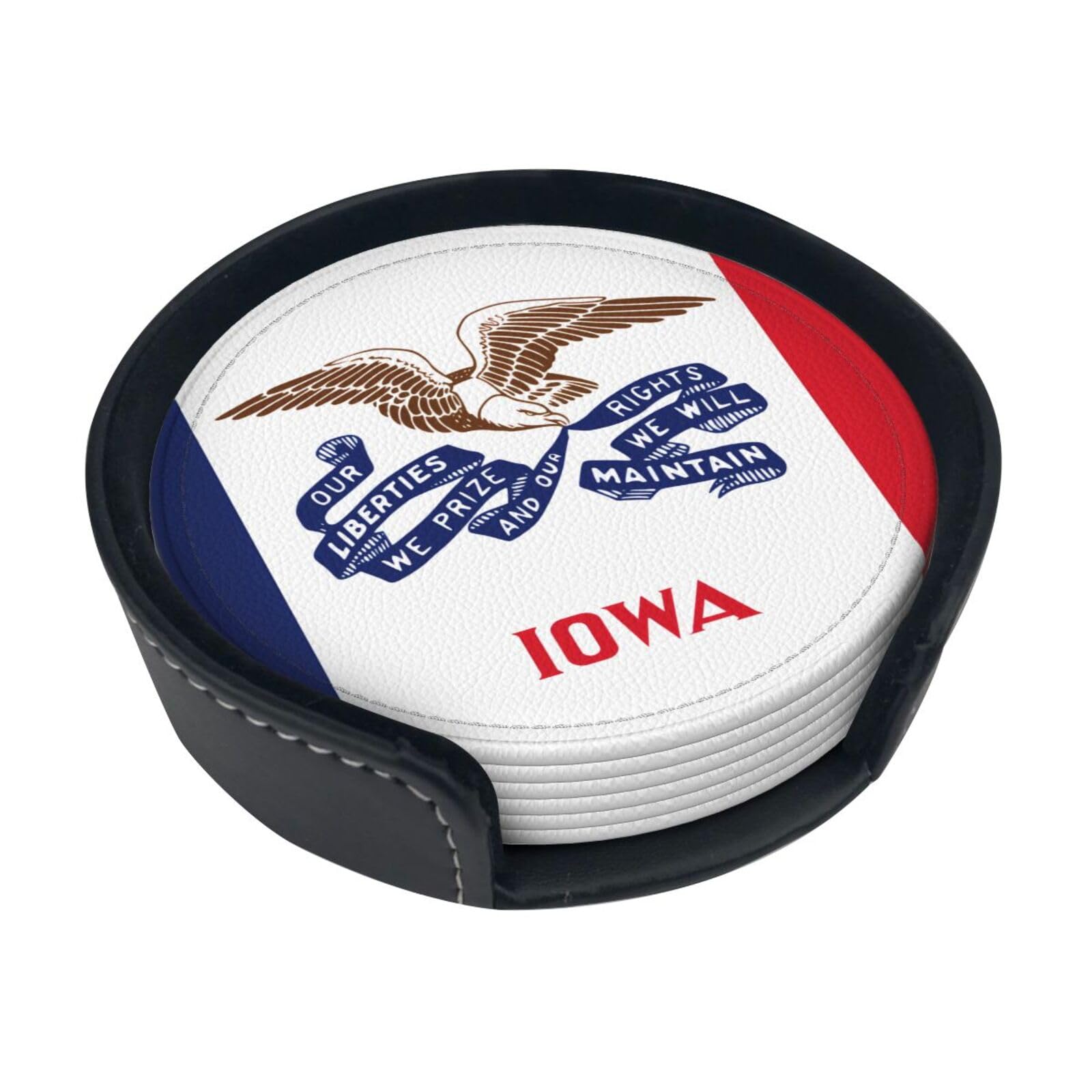 Cntdbu White Iowa State Flag Leather Coasters Set Of 6-Pu Leather Drink Mats For Table, Heat Resistant Round Coasters With Holder