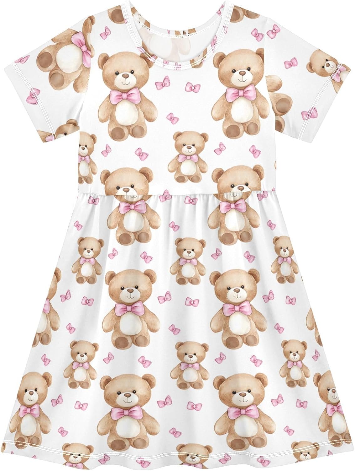 Girls Summer Dress Cute Bear Print Short Sleeve Midi Dresses for Toddler Girl Bowknot Bear Dress 7-8 Years Size 8