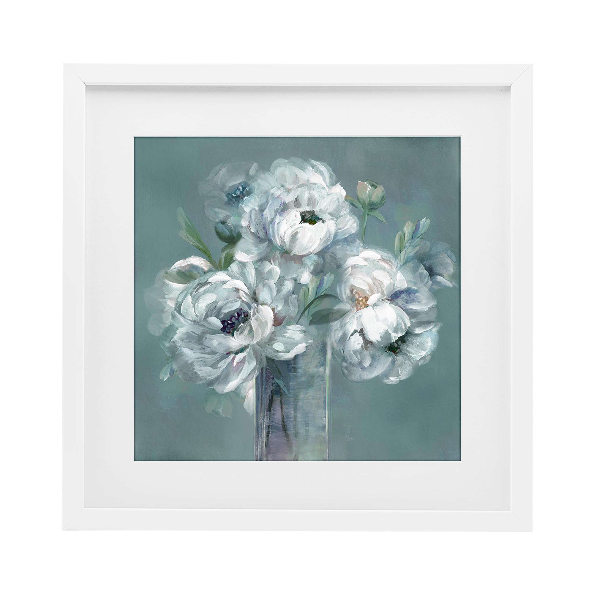 Stupell Industries Coastal White (Textured) White Peony Impression Vase Floral, 16 X 16 Inch Framed Print Under Glass
