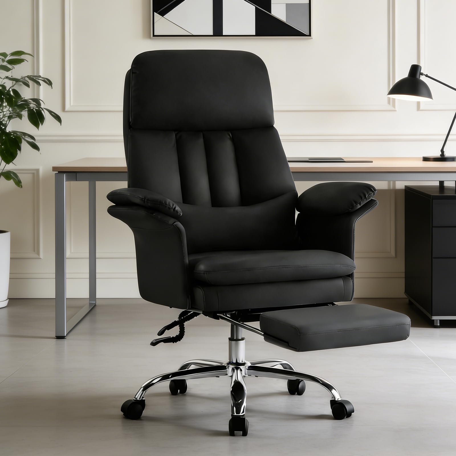 Leather Home Office Chair with Footrest 400lbs, High Back Rolling Desk Chair with Lumbar Support Soft Armrests, Excutive Office Chairs with Wheels Height Adjustable Rocking Swivel Functions,Black