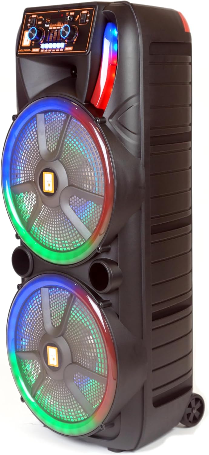 MR DJ Hollywood+ Dual 15" Rechargeable Portable Bluetooth Karaoke Speaker Party Flame Lights with 2 Wireless Microphone TWS USB FM Radio