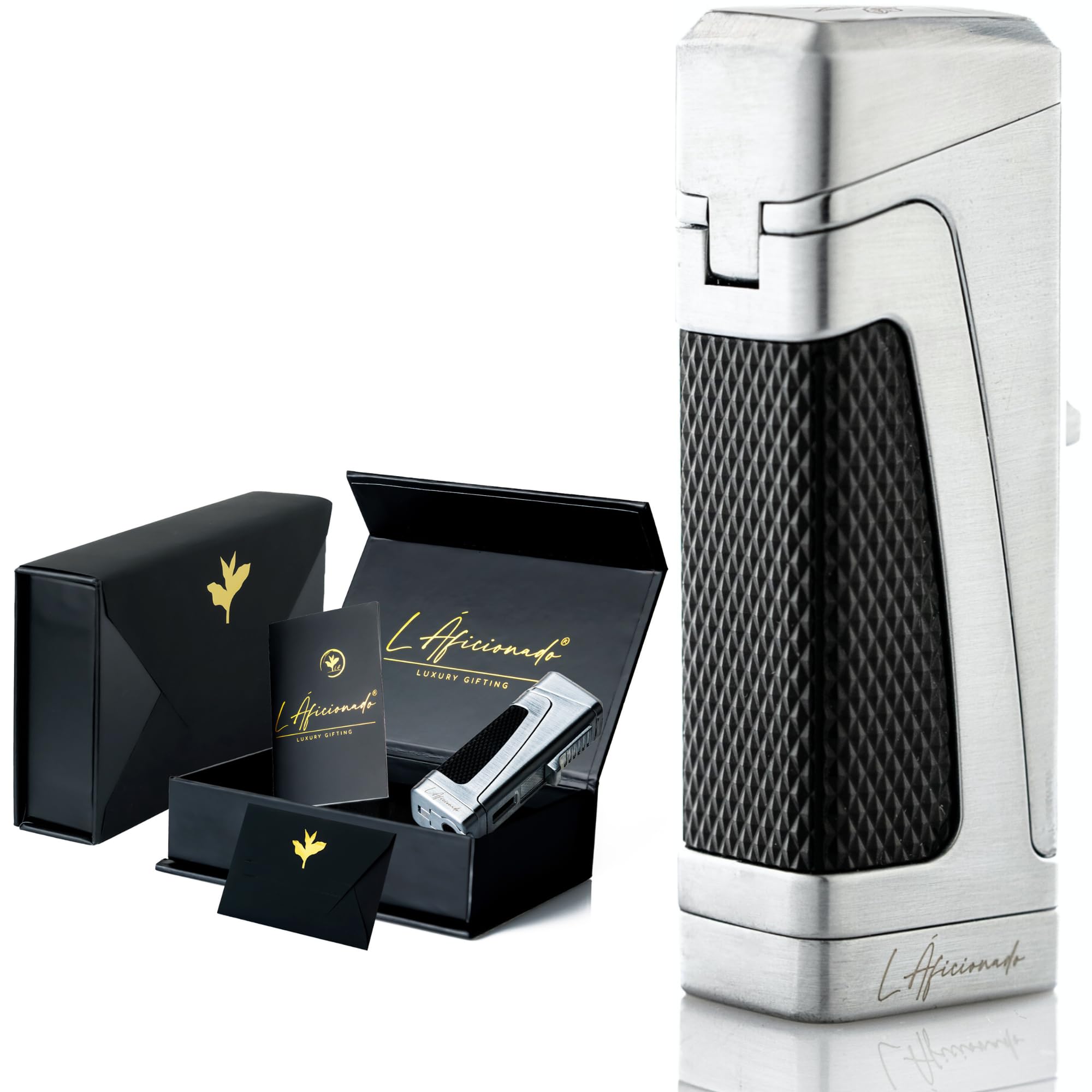 Trinitá by L Áficionado® | Briquet Tempête de Luxe | Cadeau pour Homme | Rechargeable Butane | Coffret Cadeau Premium | Assistance à Vie | Noir Satiné (Argent Platine)