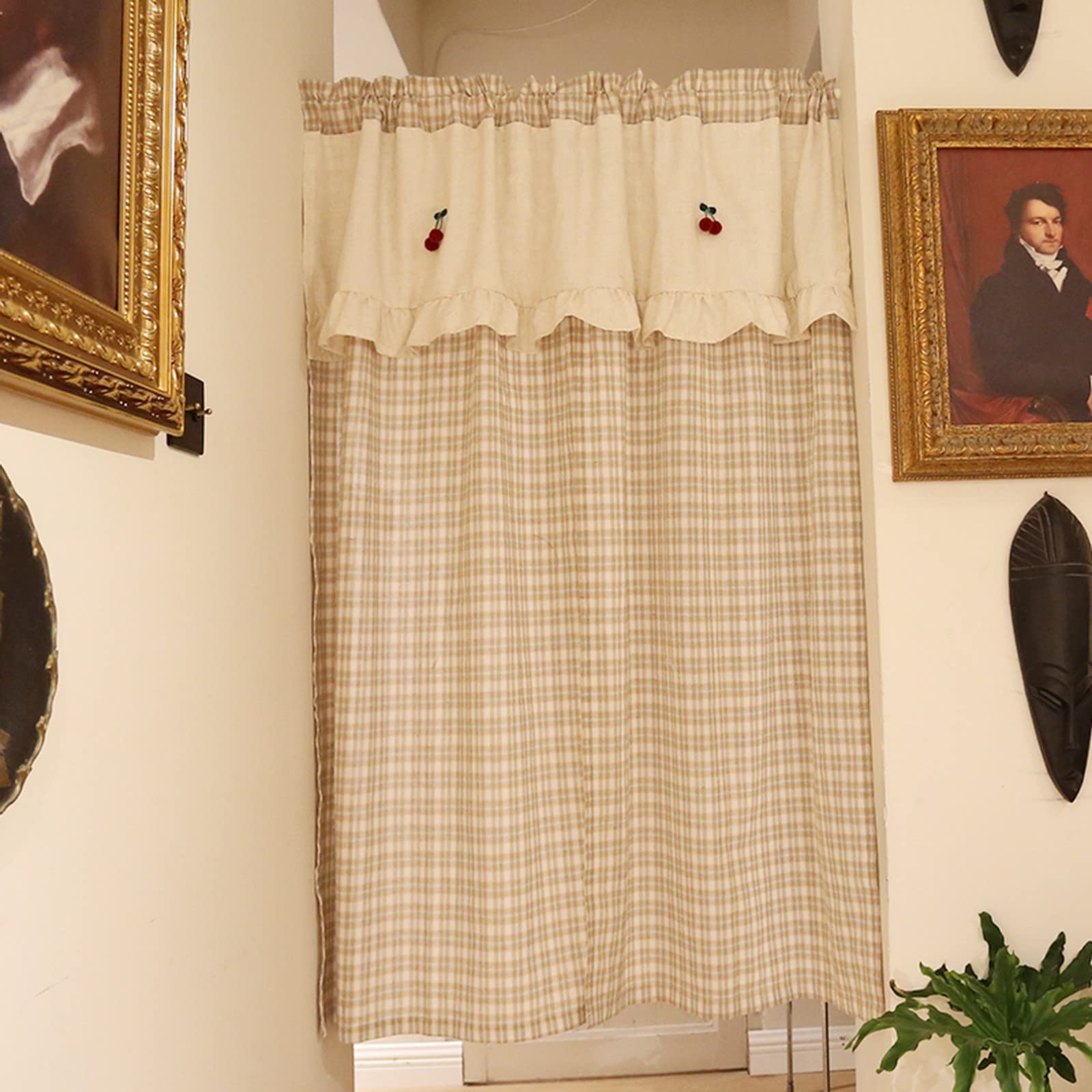 A.Monamour Cortina Cocina Ventana Puerta Corta Pequeña Caqui Tela Escocesa De Cuadros Buffalo Vichy De Algodón En Estilo Dividido Medio Bolsillo para Varilla Panel Cenefa Rustica Bistro