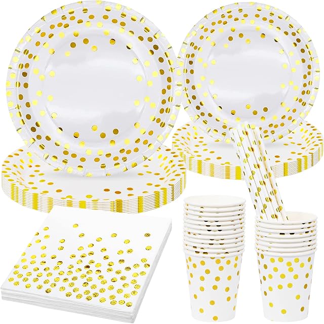 80 Pieces White Gold Party Tableware, Party Supplies Gold Foil Dot Plates Cups Straws Napkins, Paper Disposable Dinnerware Set Paper Tableware for Birthday Wedding Anniversary Decorations (20 Guests)