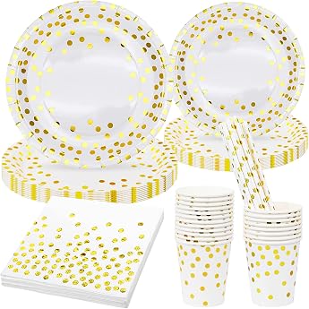 80 Piece Party Tableware Set White Gold Paper Tableware Birthday Decoration Party Accessories Supplies Paper Plates Napkins Paper Cups Party Decoration for Birthday Wedding Christmas Halloween Baby Christening