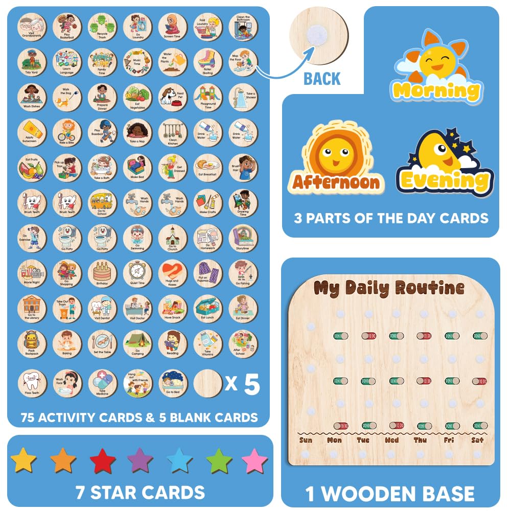 Wooden Daily Routine with Stars, Chore Chart for Kids, Visual Schedule for Kids, Morning Evening Routine Chart, Preschool Routine Chart, Routine Chart for Kids